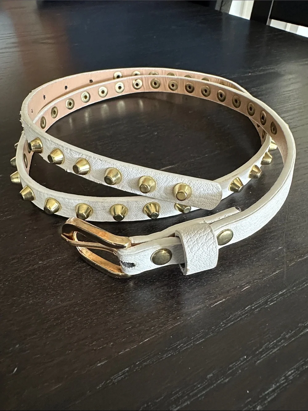 Studded White Leather Women’s Belt with Gold Hardware